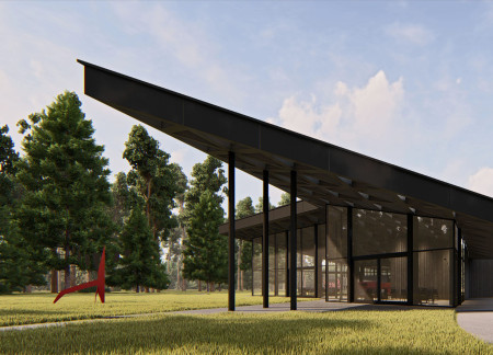 Coffered Roof and Glass Panels Enhancing Community Connection in Forest Setting