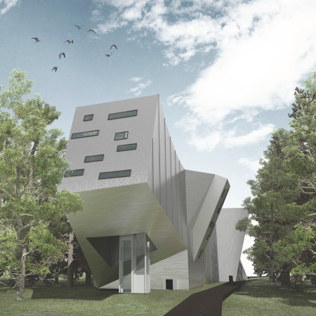 Metal Panelled Structure Resembling an Aircraft Carrier in a Forest Setting