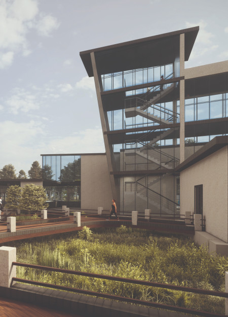 Elevated Concrete Structure Embracing Forest Privacy with Unique Camping Facilities