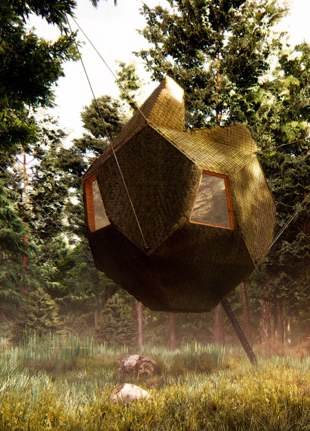 A Geometric Forest-Embedded Cabin with Bark Shingles and Light Shafts