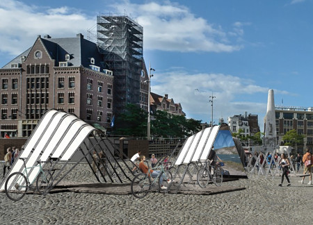 Curved Bicycle Stop Featuring Local Frames and Community Amenities