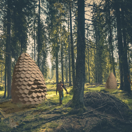 Hexagonal Shell Retreat Crafted from Thermo-Wood in the Latvian Landscape