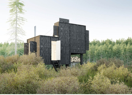 Natural Wood Retreat with Plywood Cladding and Rainwater Harvesting