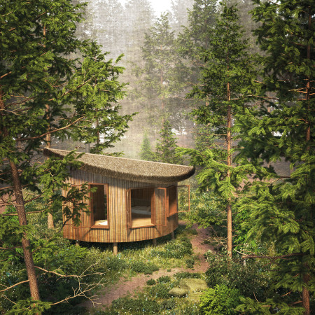 Leaf-Shaped Thatch Cabins Embracing Nature for Meditation and Reflection