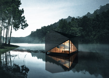 Geometric Wooden Retreat on Concrete Piers with Natural Light Skylights