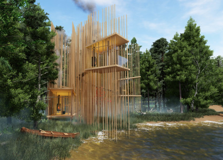 Wood Columns and Glass Pavilion Embracing Nature in a Tranquil Retreat