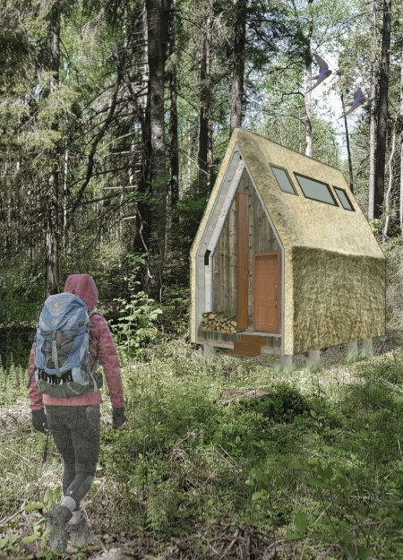 Meditation Cabin with Local Timber and Natural Thatch in a Serene Forest Setting