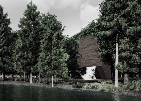 Charred Wooden Shingles Emphasizing Darkness in a Meditation Retreat Constructed with Cross-Laminated Timber Panels