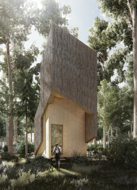 Elevated Retreat with Wood Bark and Timber for Introspection