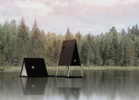 Charred Timber Retreats on Aluminum Pontoons for Nature Immersion