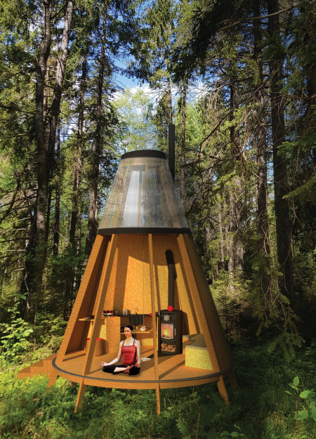 Spiral Water Collection and Polycarbonate Light in a Sustainable Forest Retreat