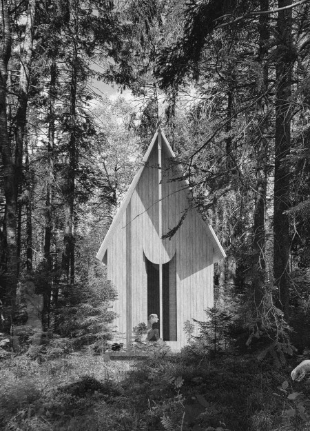 Single Column Retreat Crafted from Local Spruce in a Forest Setting
