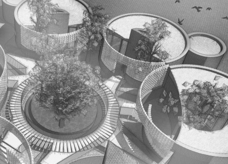 Circular Huts with Concrete Roofs and Reflective Water Features for Creative Retreats