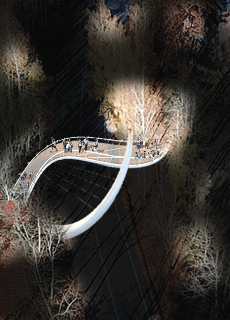 Spiral Footbridge with Cable-Stayed Structure Enhancing Natural Trails