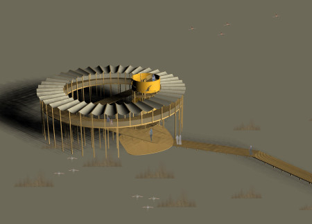 Golden Facade and Wooden Stilts in an Accessible Observation Tower