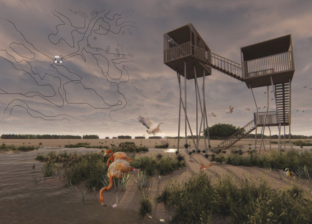 Elevated Steel Pillars Reflect Flamingo Legs in Nature Observation Tower