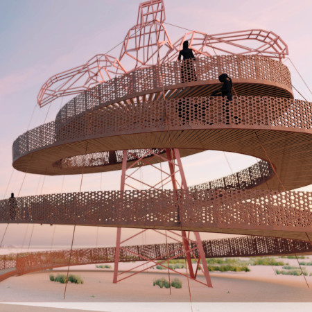 Corten Steel Structure Anchored in Nature with Pink Highlights for Eco-Friendly Observation