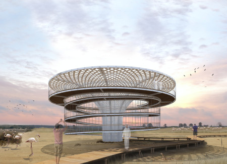 Spiral Structure Crafted from Stainless Steel and Wood in a Wetland Observation Tower