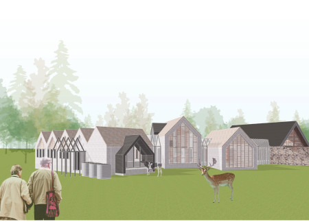 Biophilic Facade with Steel Mesh and Clear Solar Panels for Eco Retreat