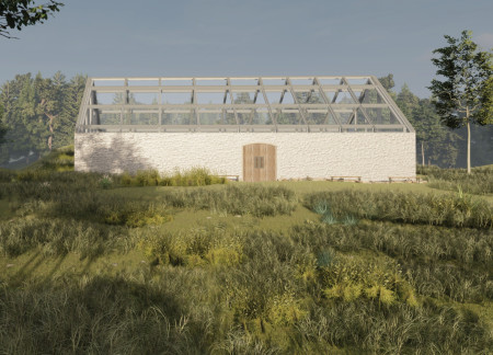 Stone Walls and Glass Roofs in a Nature-Focused Guest House