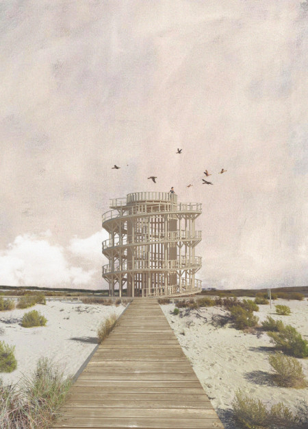 Cylindrical Observation Tower with Natural Wood Integration