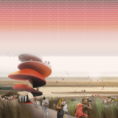 Feathered Ceramic Cladding Enhances Wildlife Observation Tower in Desert Wetlands