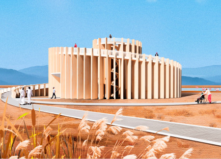 Spiral Observation Tower with Laminated Veneer Lumber in a Natural Landscape