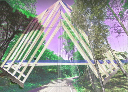 Fan-Shaped Structure Featuring Rough-Hewn Wood Columns in a Natural Park Setting