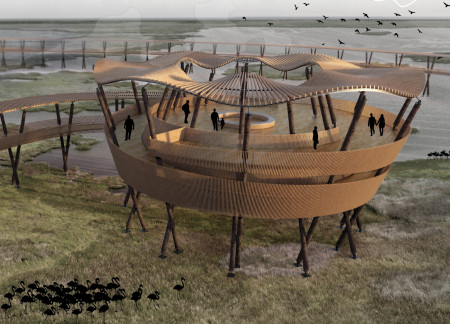 Panoramic Observation Tower with Wooden Pillars Overlooking Wetland Biodiversity