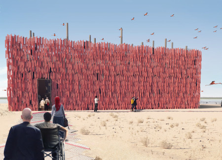 Timber-Crafted Observation Tower Highlighting Flamingo Life Cycle in Abu Dhabi Wetlands