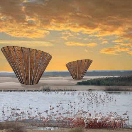 Circular Observation Tower with Rope Facade and Wood Walkways