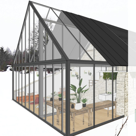 Glazed Roof Pavilion with Traditional Stone and Wood Harmony