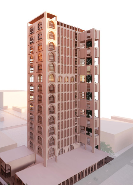 Sequential Arched Windows with Vertical Gardens in a Mixed-Use Development