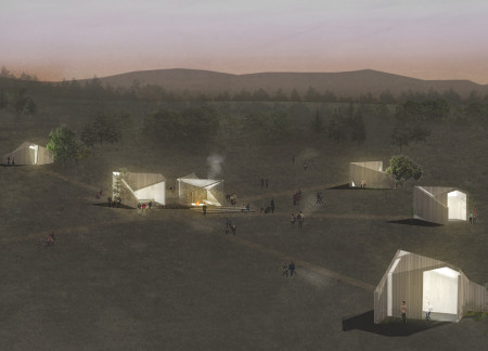 Meditative Retreat with Vertical Cladding and Plywood Huts