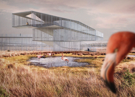 Curvilinear Observation Point Emphasizing Aluminum and Glass Integration Within a Wetland Ecosystem