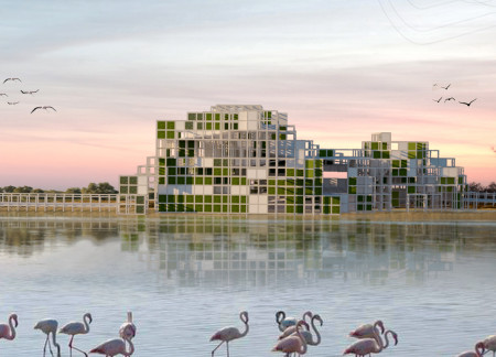 Cylindrical Forms and White Wood Slabs Creating a Viewpoint for Nature Observations