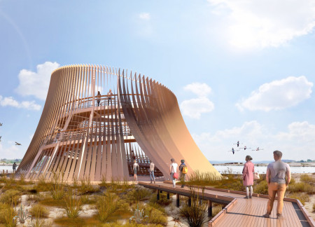 Fabric Sails Overlooking Wetlands in an Elevated Observation Tower
