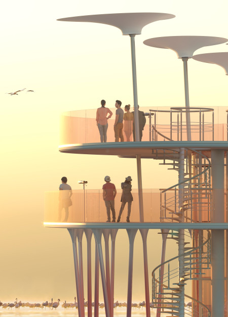 Pink Glass Elevation with Pylons and Strategic Circulation Elements