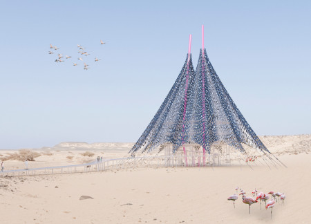 Pink Columns and Metallic Mesh in a Desert Observation Space