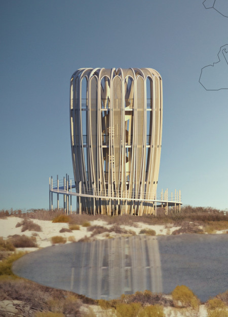 Circular Observation Tower Crafted from Wood and Cloth Within Wetland Ecosystem