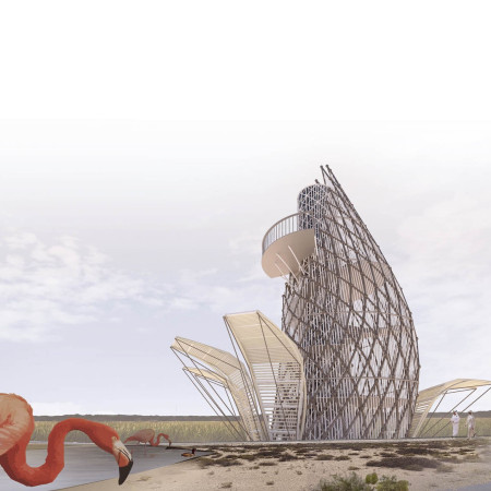 Petal-Like Shading Canopy over Concrete Observation Tower in Wetlands