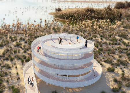 Spiral Mesh Walkways Above Wetlands in a Desert Landscape