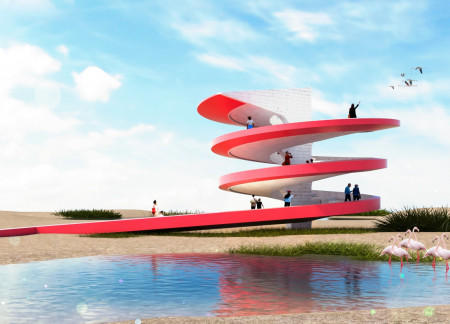 Vibrant Pink Observation Tower with Recyclable Features