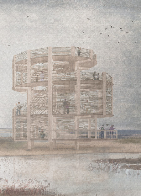 Rattan Barriers and Wooden Form in an Ecological Observation Tower