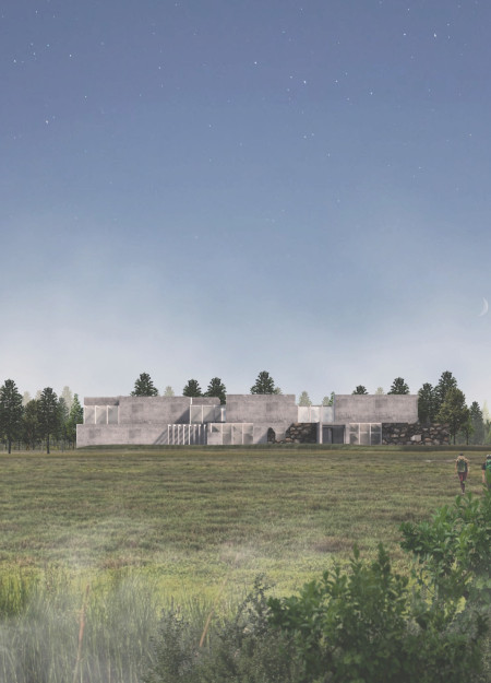 Reflective Courtyard Embracing Stone and Concrete in a Forest Retreat