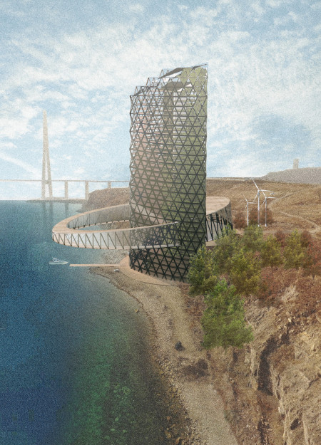 Moss-Covered Facade and Wooden Nets Define a Sustainable Coastal Hub