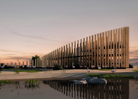 Fluid Spline Structure with Composite Wood and Sun Shades for Wildlife Observation