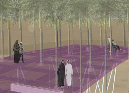 Galvanized Metal Grating and Pink Platform Overlooking a Wetland Reserve