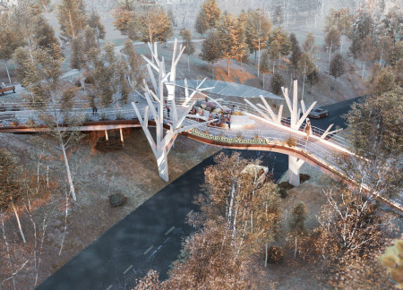 An Ecological Pedestrian Bridge Supported by Living Trees