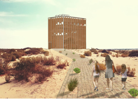 Moucharabieh Facade with Flamingo Poles in a Communal Garden Setting